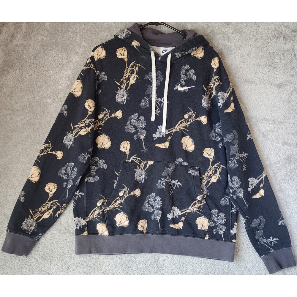 Nike Hoodie Mens Large Black Floral Print Pullover Swoosh Logo Fleece Pocket